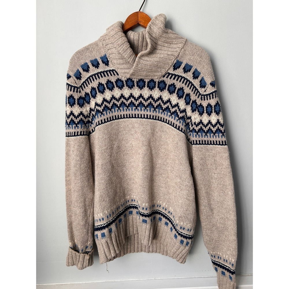 American Eagle Mens Shawl Collar Fair Isle Sweater Beige Blue Athletic Fit M
